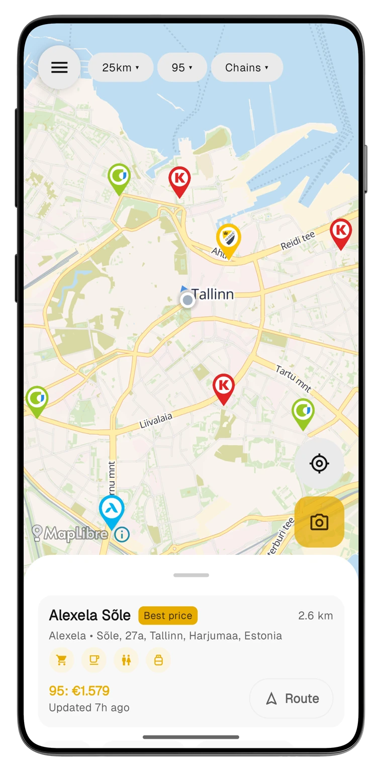 Benzina app — live map of nearby gas stations with prices